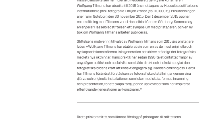 Wolfgang Tillmans - 2015 års Hasselbladpristagare