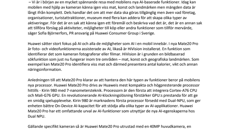 Nya Huawei Mate20 Pro hjälper användaren att känna igen landmärken, konst och mat