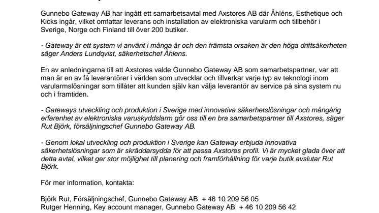 Gunnebo Gateway tecknar samarbetsavtal med Axstores