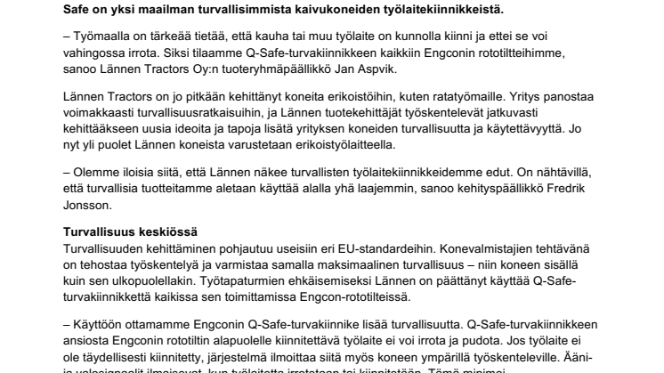 Lännen Tractors valitsi Engconin turvallisen työlaitekiinnikkeen vakiovarusteeksi