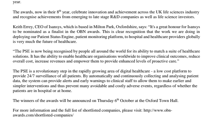Isansys named as finalist for OBN’s Best Implementation of Digital Healthcare award 