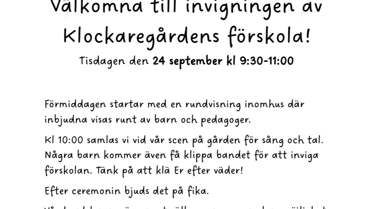 Inbjudan och program Klockaregårdens förskola 24 september 2024