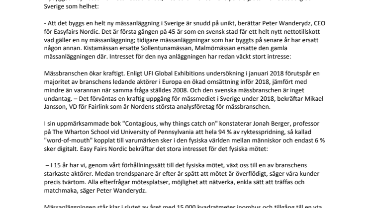 EasyFairs fortsätter växa i Sverige genom storsatsning på helt ny mässanläggning – den första i Sverige på 45 år