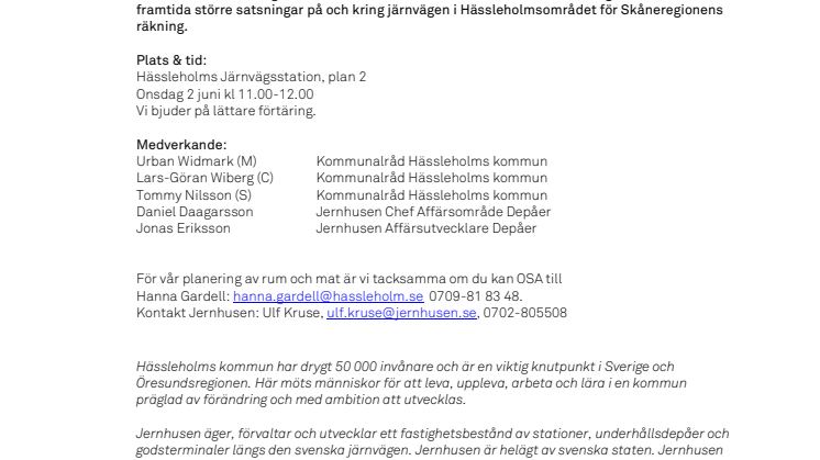 Hässleholms kommun och Jernhusen inbjuder till pressträff den 2 juni om järnvägar och infrastruktur i Skåneregionen