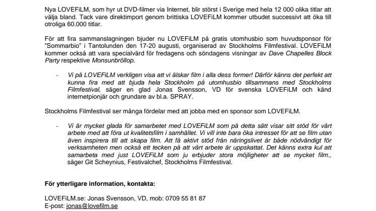 Boxman och BraFilm blir LOVEFiLM med Sveriges största filmutbud  firar med gratis utomhusbio!