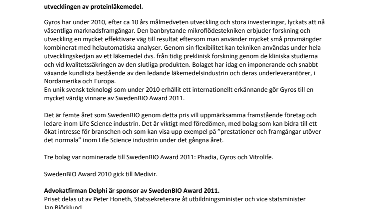 Gyros - vinnare av SwedenBIO Award 2011
