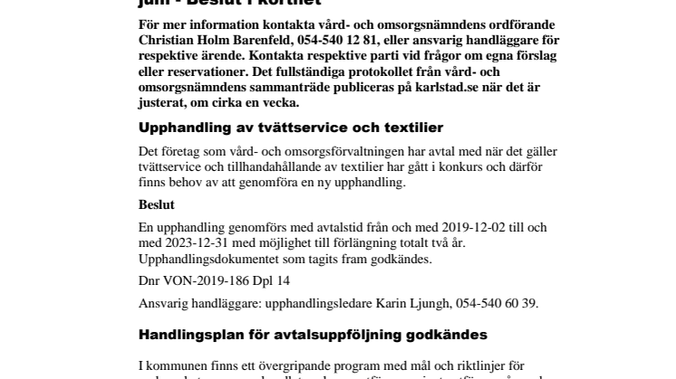 Vård- och omsorgsnämndens beslut i korthet 19 juni