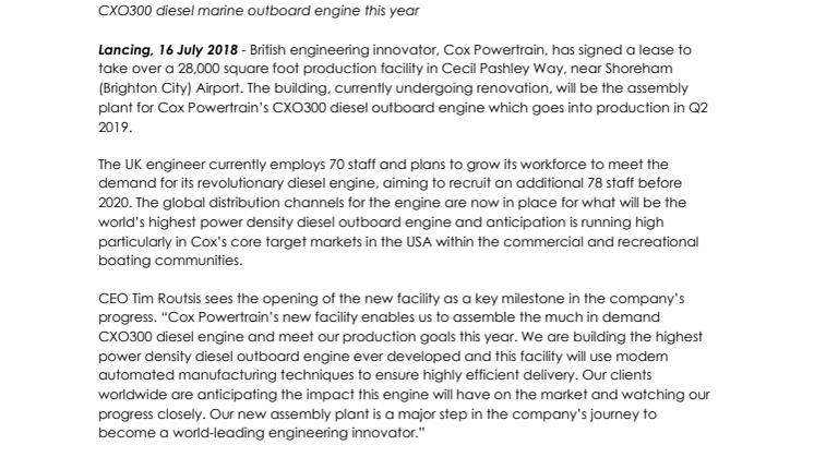 Cox Powertrain: Cox Powertrain Announces New Engine Assembly Facility in  Shoreham, West Sussex 