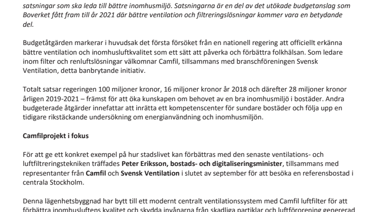 Den svenska regeringen gör historisk satsning för att förbättra inomhusmiljön - fokus på bättre ventilation och filtreringslösningar