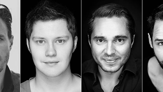 Jonas Eskil Brehmer, Martin Rhede Nord, Tobias Ahlsell och Joa Helgesson.  Vem som kommer att spela den kvinnliga huvudrollen Esmeralda meddelas senare. Foto: Marcus Helmer Gustafsson/Privat/GöteborgsOperan