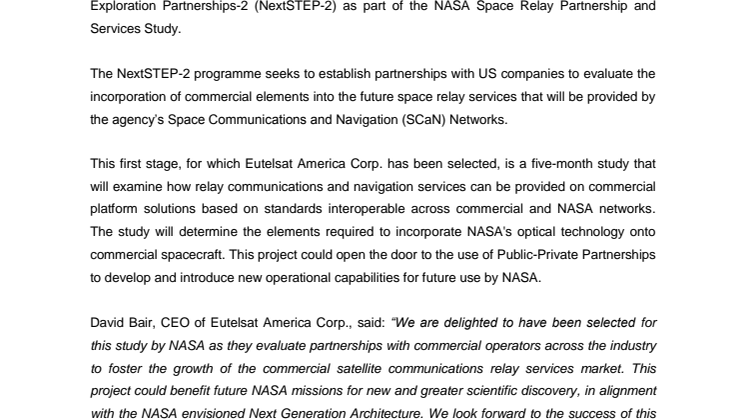 Eutelsat America Corp. to participate in NASA’s Space Relay Partnership and Services Study