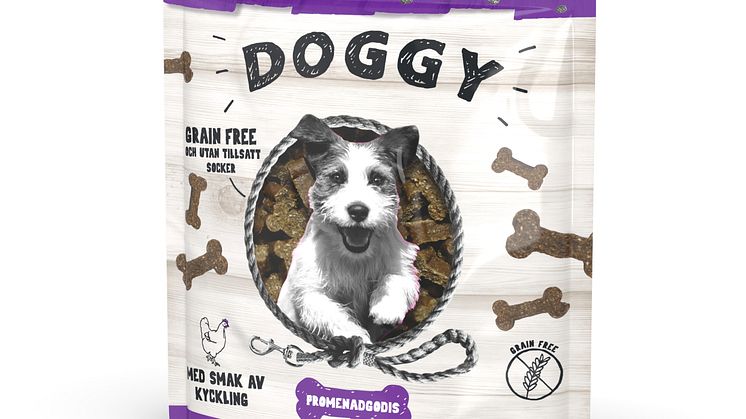 Doggy Promenadgodis Grain Free är spannmålsfritt hundgodis med kycklingsmak. Godiset är rikt på protein, helt utan tillsatt socker och har ett lågt fettinnehåll.
