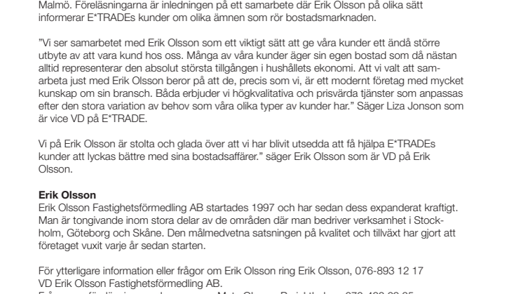 E*TRADE väljer att samarbeta med Erik Olsson inom bostadsmarknaden