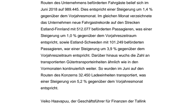 Tallink Grupp veröffentlicht Zahlen für das zweite Quartal 2018: neuer Fahrgastrekord für Juni 