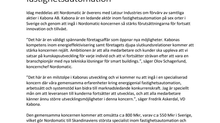 Nordomatic förvärvar Kabona och blir Skandinaviens största specialist inom fastighetsautomation 