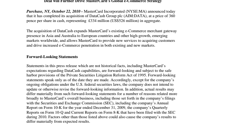 MasterCard Completes Acquisition of DataCash Group plc