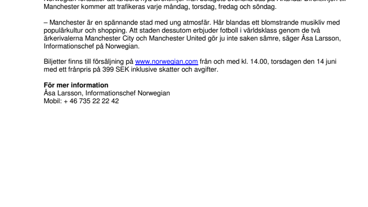 Norwegian lanserar ny direktlinje till Manchester