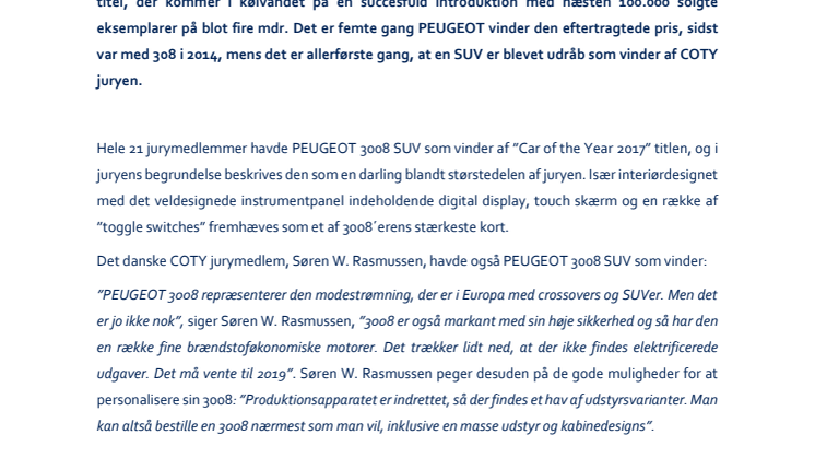 Den nye PEUGEOT 3008 SUV er ”Car of the Year 2017”