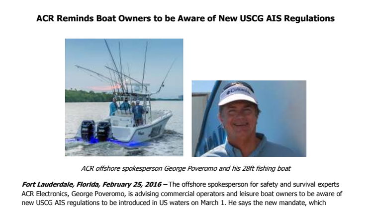 ACR Electronics Inc: Reminds Boat Owners to be Aware of New United States Coast Guard AIS Regulations      