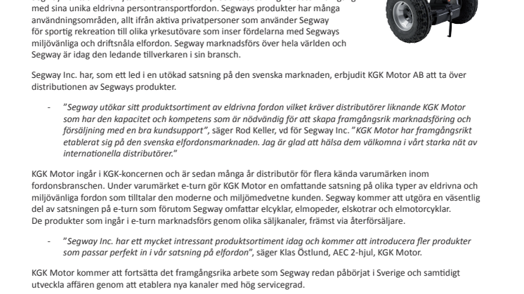 KGK Motor AB blir ny distributör i Sverige för Segway elfordon.