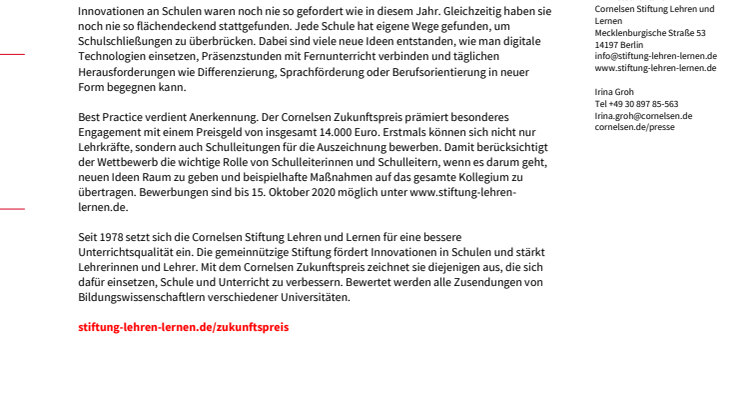 14.000 Euro für neue Unterrichtsmethoden in Corona-Zeiten - Cornelsen Stiftung prämiert Lehrkräfte und Schulleitungen