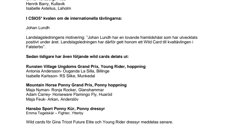 Nu är det klart vem som fått wild card till Falsterbo Horse Show