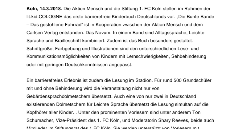 Toni Schumacher stellt das erste barrierefreie Kinderbuch Deutschlands im RheinenergieSTADION vor 