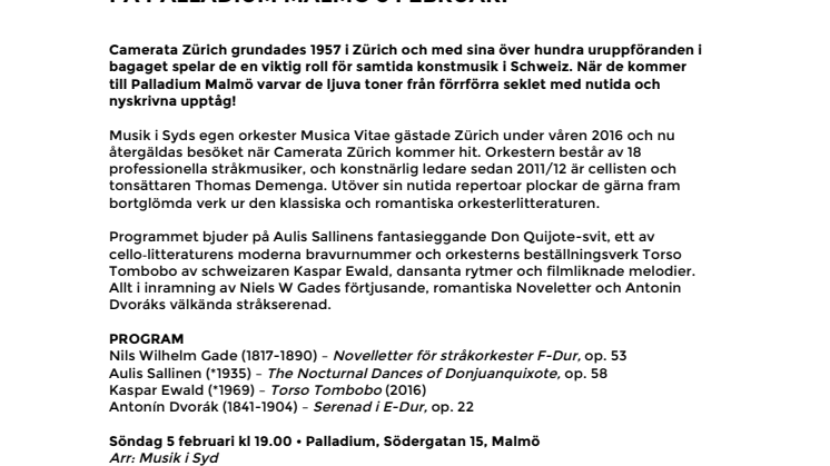 En nyfiken 60-åring! Camerata Zürich gästar Palladium Malmö 5 februari