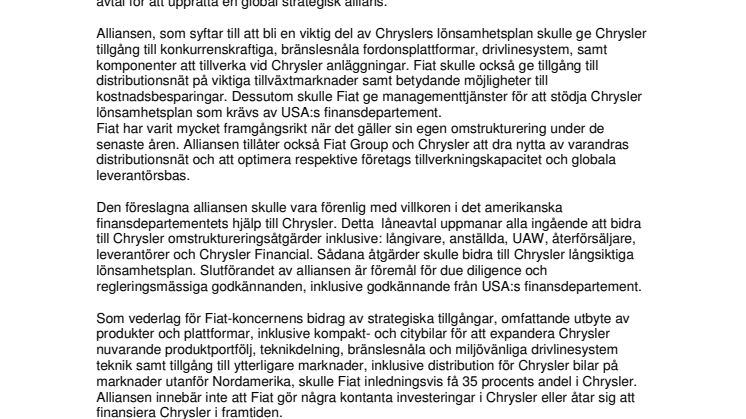 Gemensamt pressmeddelande Fiat - Chrysler