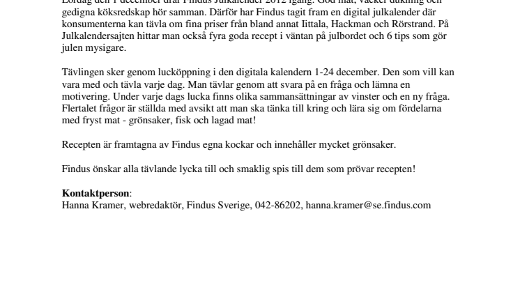 Findus julkalender 2012 kombinerar konsumenttävling med goda recept och jultips
