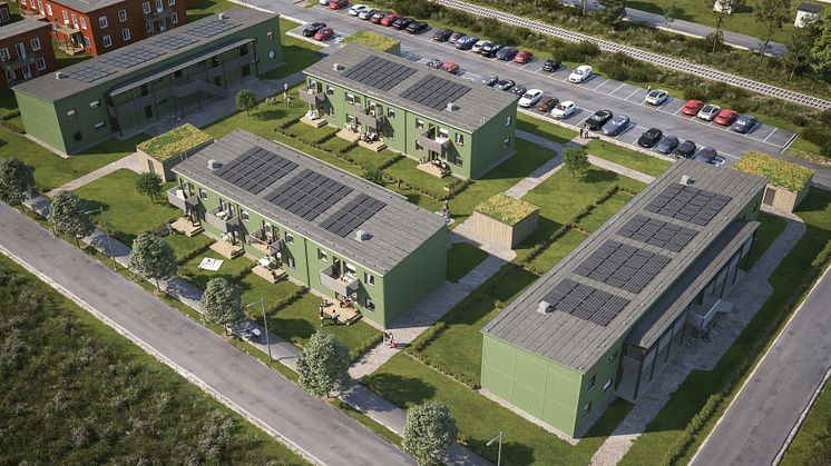 ÖversiktsIllustration av det nya kvarteret, BoKlok Skrindan i Gunsta, Uppsala.