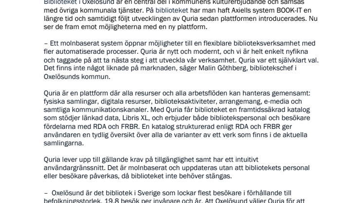 Oxelösunds bibliotek väljer Quria® för att effektivisera sin verksamhet