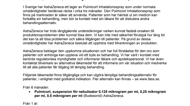 AstraZeneca upphör med tillverkning av Pulmicort Inhalationsspray