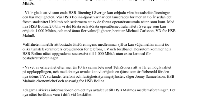 Nytt HSB Bolina-avtal ger HSB Malmös medlemmar möjlighet att surfa upp till 1000 Mbit/s 