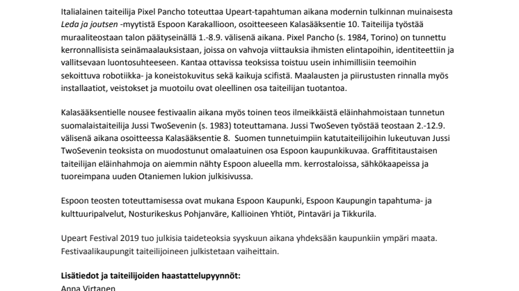 Upeart Festival 2019 käynnistyy Espoossa Pixel Panchon ja Jussi TwoSevenin teoksilla