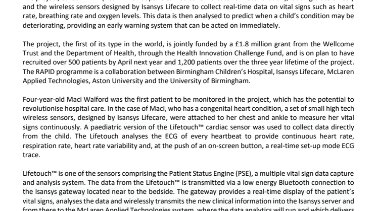 Isansys wearable technology and wireless patient monitoring platform in at-scale deployment at Birmingham Children's Hospital