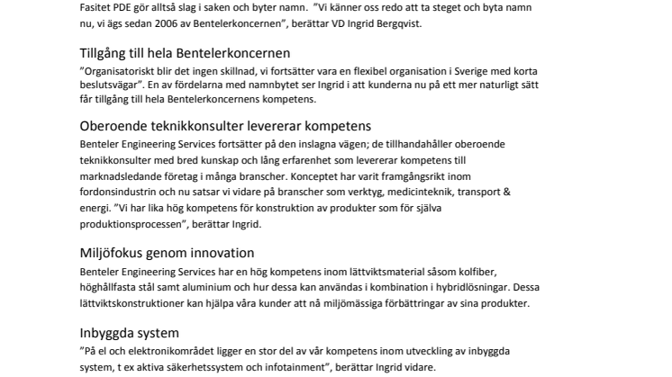 Fasitet PDE blir Benteler Engineering Services
