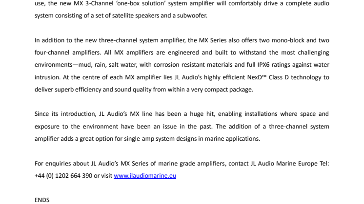 JL Audio Marine Europe: JL Audio Adds 3-Channel Model to Line of Weatherproof Amplifiers 
