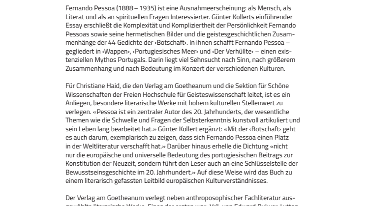 Verlag am Goetheanum: Fernando Pessoas ‹Botschaft› neu übersetzt