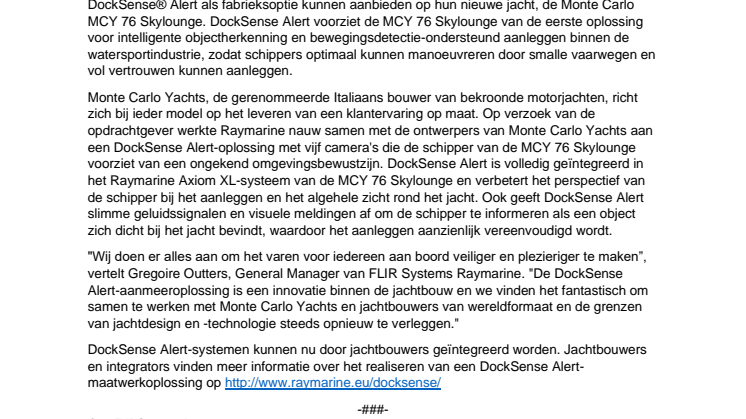 Monte Carlo Yachts wordt eerste jachtbouwer die Raymarine DockSense Alert aanbiedt 