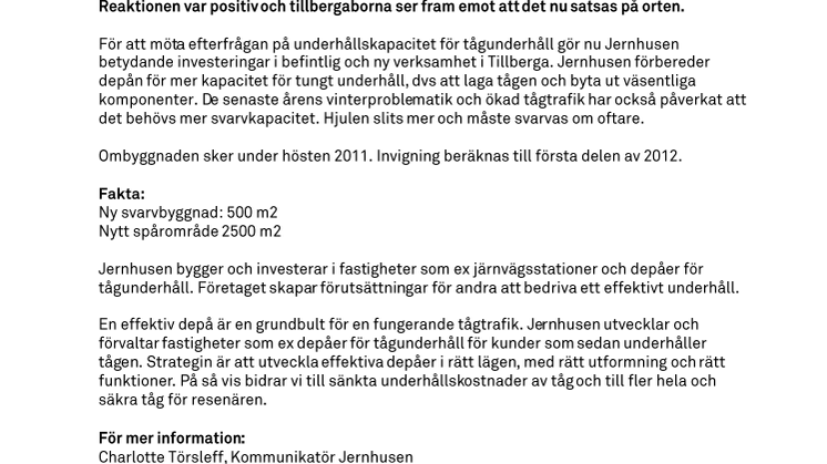Jernhusen investerar i Tillberga för att bidra till utökat tågunderhåll