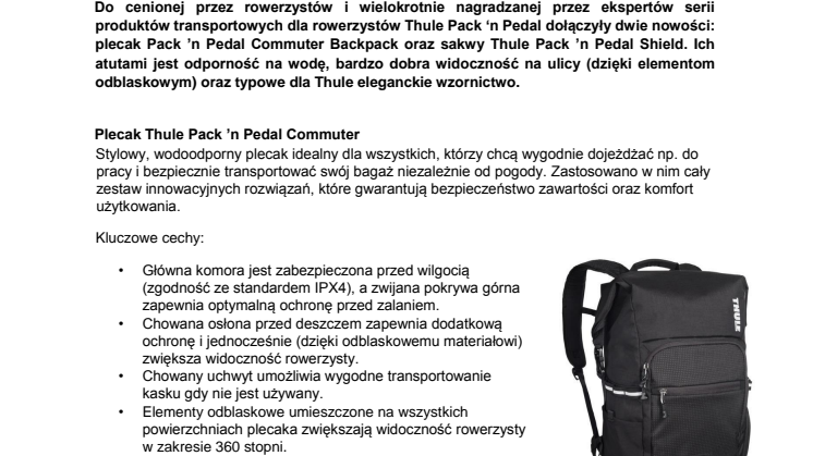 Nowości dla rowerzystów z serii Thule Pack ’n Pedal: plecak Thule Commuter oraz sakwy Thule Shield