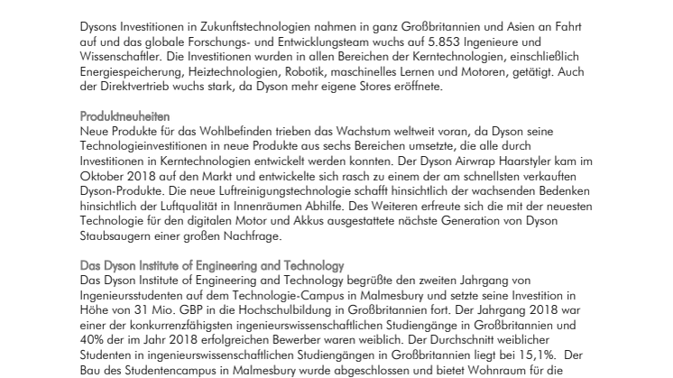 Dyson Geschäftszahlen 2018: Das schnelle Wachstum von Dyson setzt sich mit der weltweit zunehmenden Verbreitung seiner Technologien fort