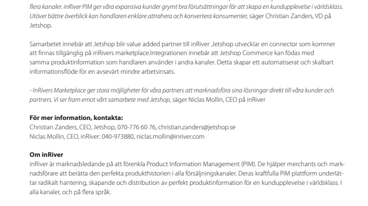 ​Jetshop blir value added partner till inRiver