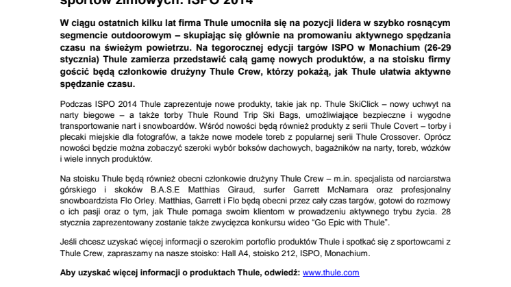Thule prezentuje całą gamę zimowych nowości – m.in. Thule Covert oraz Thule SkiClick – na największych targach sportów zimowych: ISPO 2014