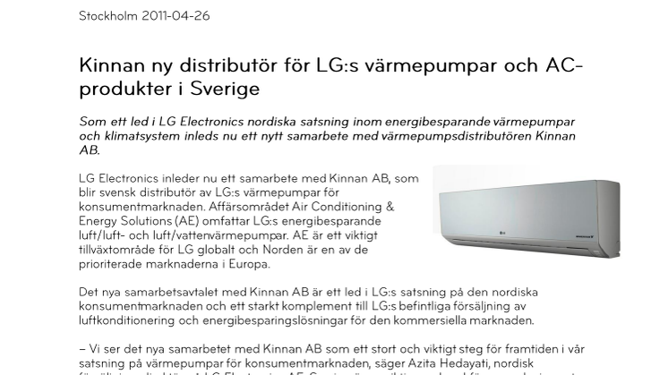 Kinnan ny distributör för LG:s värmepumpar och AC-produkter i Sverige