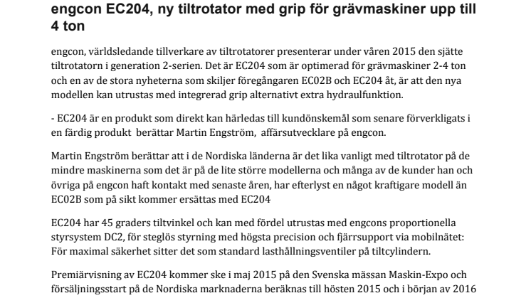 engcon EC204, ny tiltrotator med grip för grävmaskiner upp till 4 ton