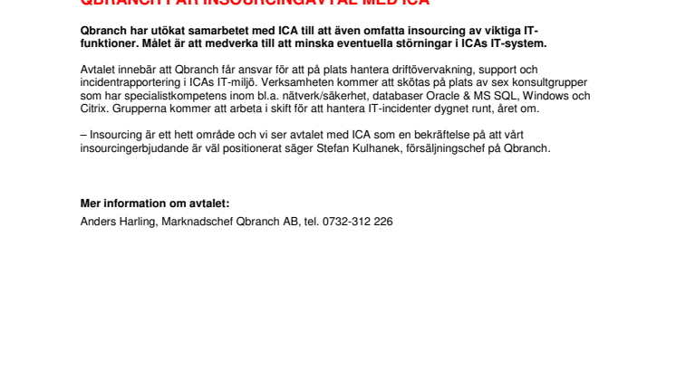 QBRANCH FÅR INSOURCINGAVTAL MED ICA 
