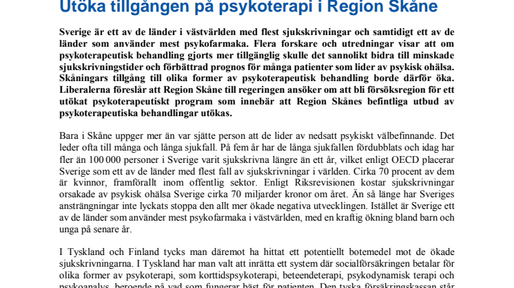 Region Skåne vill utöka tillgången på psykoterapi