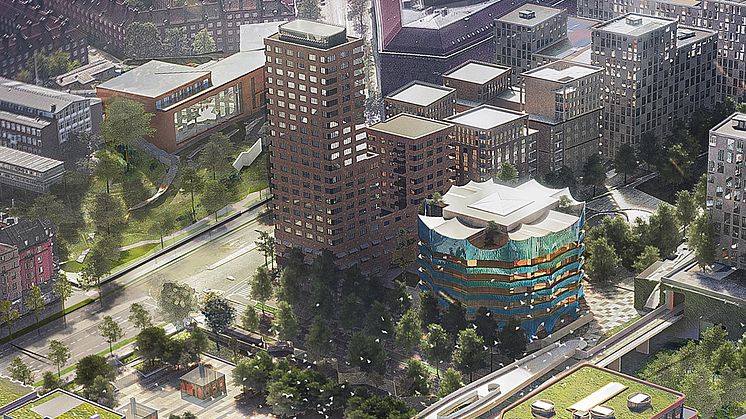 Hubileumshuset i korsningen Norra Stationsgatan och S:t Eriksgatan; en kombination av boende, mötesplatser och kommersiella ytor.